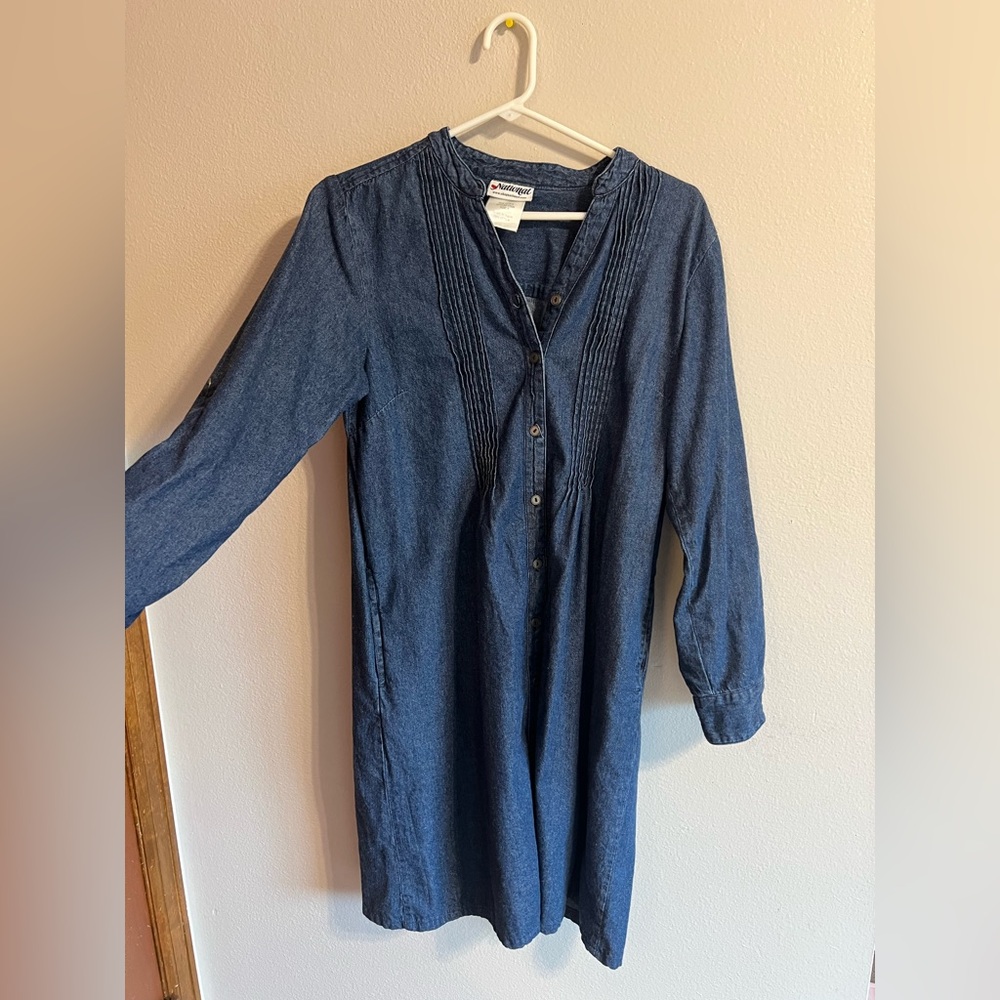 Dark Wash Denim Button-Front long sleeve Dress mid length